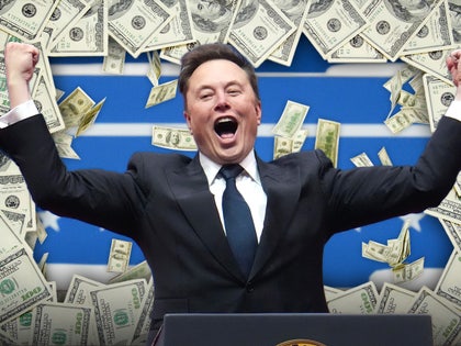 Elon Musk is seen celebrating in front of numerous 100-dollar bills. He's wearing a black jacket, a white shirt and a blue tie.