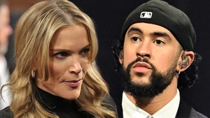 Megyn Kelly is looking irate while Bad Bunny is seen at a performance. She's wearing a black turtleneck sweater, while he's wearing a black jacket, a matching hat, a bolo tie and a white shirt.