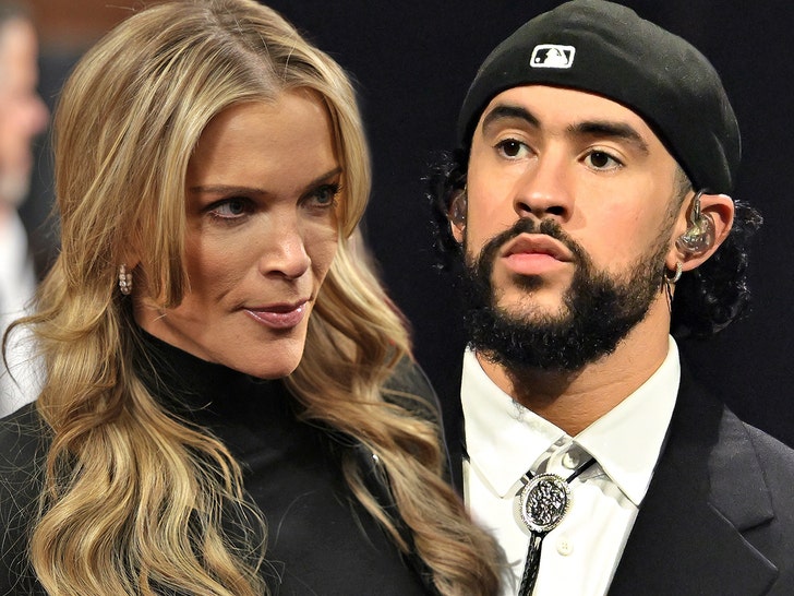 Megyn Kelly is looking irate while Bad Bunny is seen at a performance. She's wearing a black turtleneck sweater, while he's wearing a black jacket, a matching hat, a bolo tie and a white shirt.
