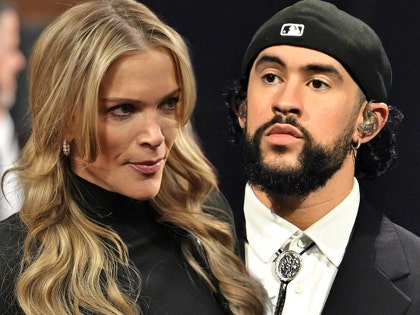 Megyn Kelly is looking irate while Bad Bunny is seen at a performance. She's wearing a black turtleneck sweater, while he's wearing a black jacket, a matching hat, a bolo tie and a white shirt.