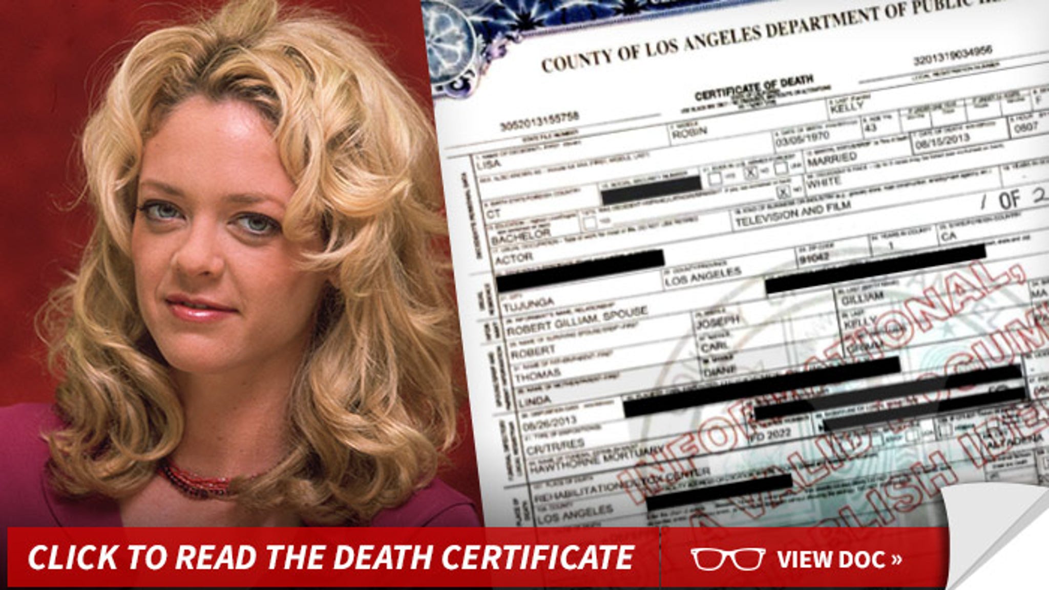 Lisa Robin Kelly Death Certificate -- 'Multiple Drugs' -- 'Oral Ingestion'