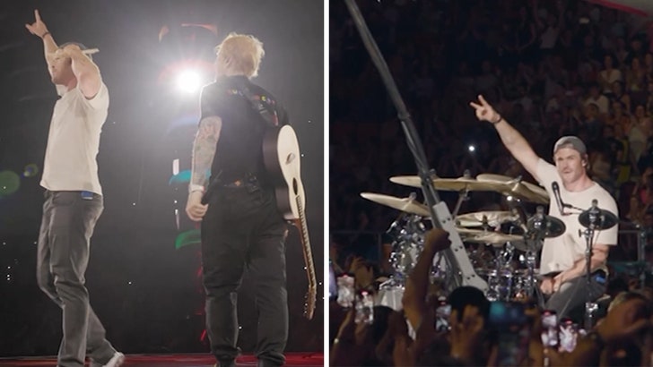 Chris Hemsworth Plays Drums at Ed Sheeran Concert