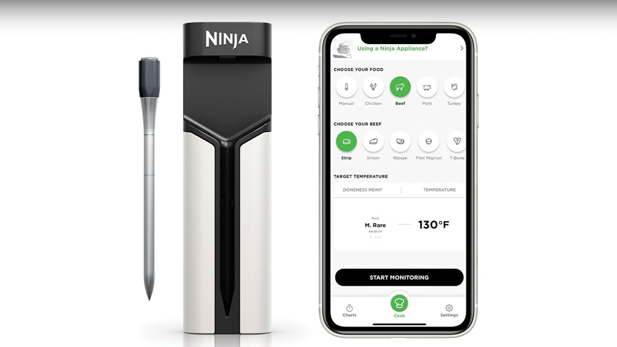 The image shows a sleek, modern kitchen gadget labeled 'Ninja' alongside a smartphone displaying a cooking app interface. The gadget consists of a metallic probe and a cylindrical base unit with black and silver accents. The app on the phone screen allows the user to choose the type of food (chicken, beef, pork, turkey, or manual), select specific cuts of beef, and set a target cooking temperature, which is shown as 130°F for medium-rare beef. A large button at the bottom of the app reads 'Start Monitoring,' indicating the device is likely used to monitor cooking temperatures remotely.