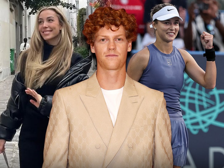 A man wearing a white t-shirt and beige double-breasted jacket is flanked by two women. The woman on his right is walking down a street while wearing an oversized black jacket, while the woman on his left is bending her arm at a tennis match, and she's wearing a dark blue top and matching shorts, as well as a white Nike visor.