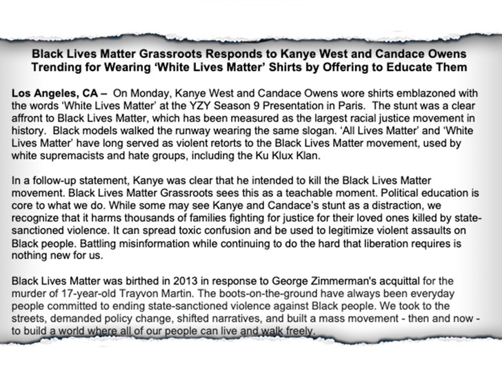 Black Lives Matter Rips Kanye West, Candace Owens For 'White Lives Matter' Shirt