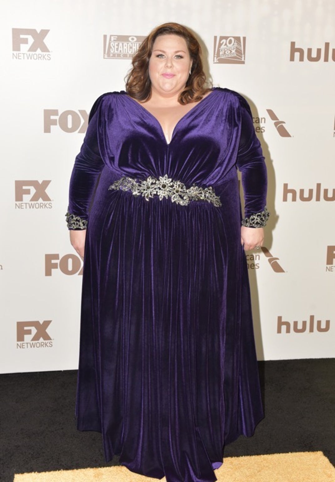 chrissy metz purple dress This Is Us star Chrissy Metz wows in plush amethyst gown at Golden Globes 2017