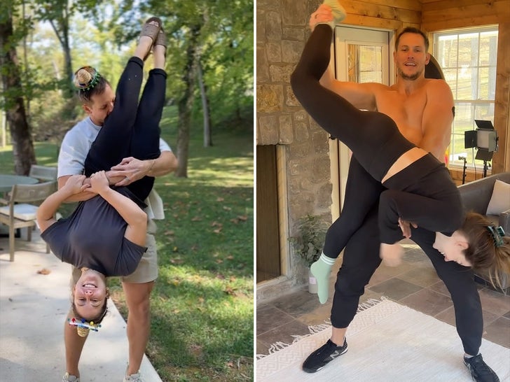 El gimnasta olímpico Shawn Johnson y su esposo completan desafíos acrobáticos