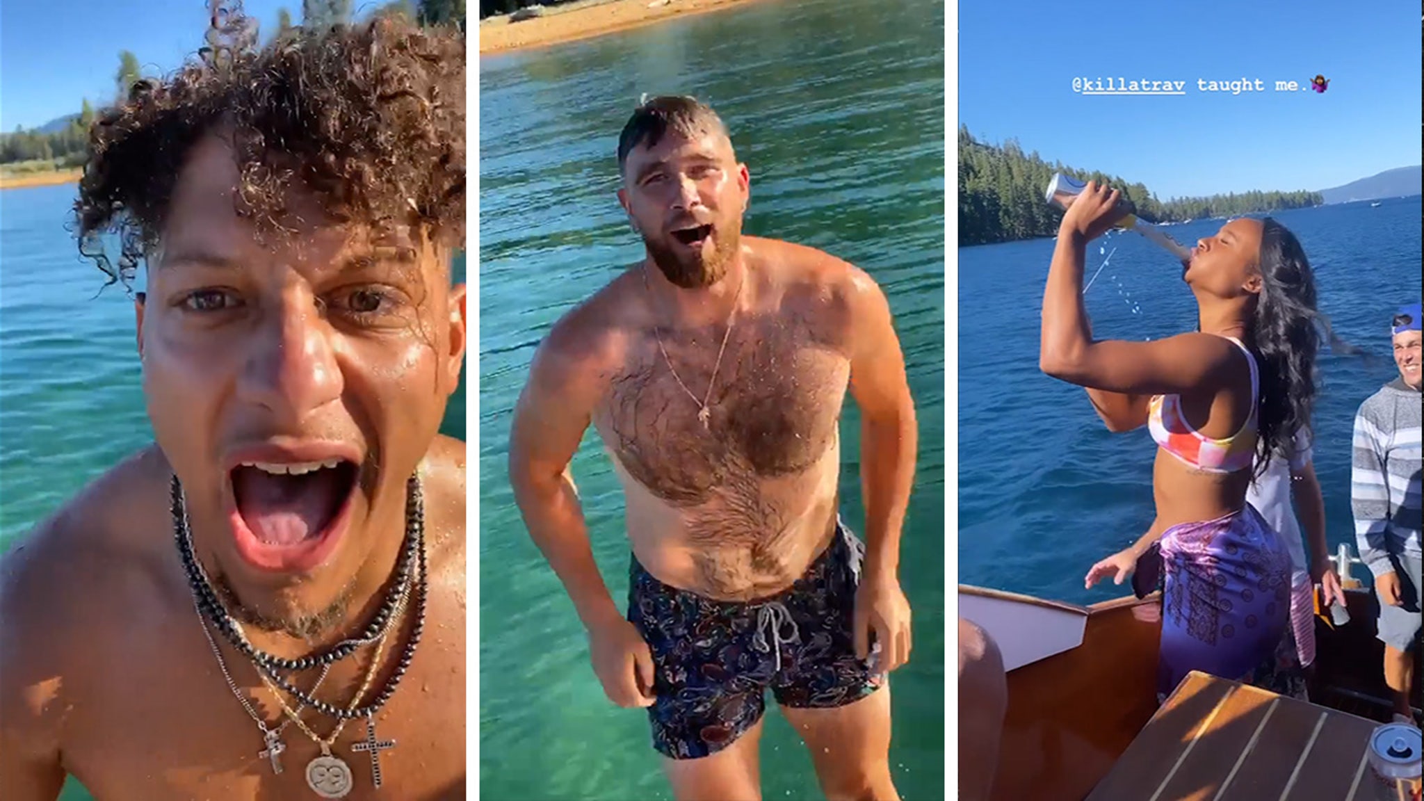 Patrick Mahomes & Travis Kelce Boat Party In Lake Tahoe, GFs Twerk & Chug Beer!