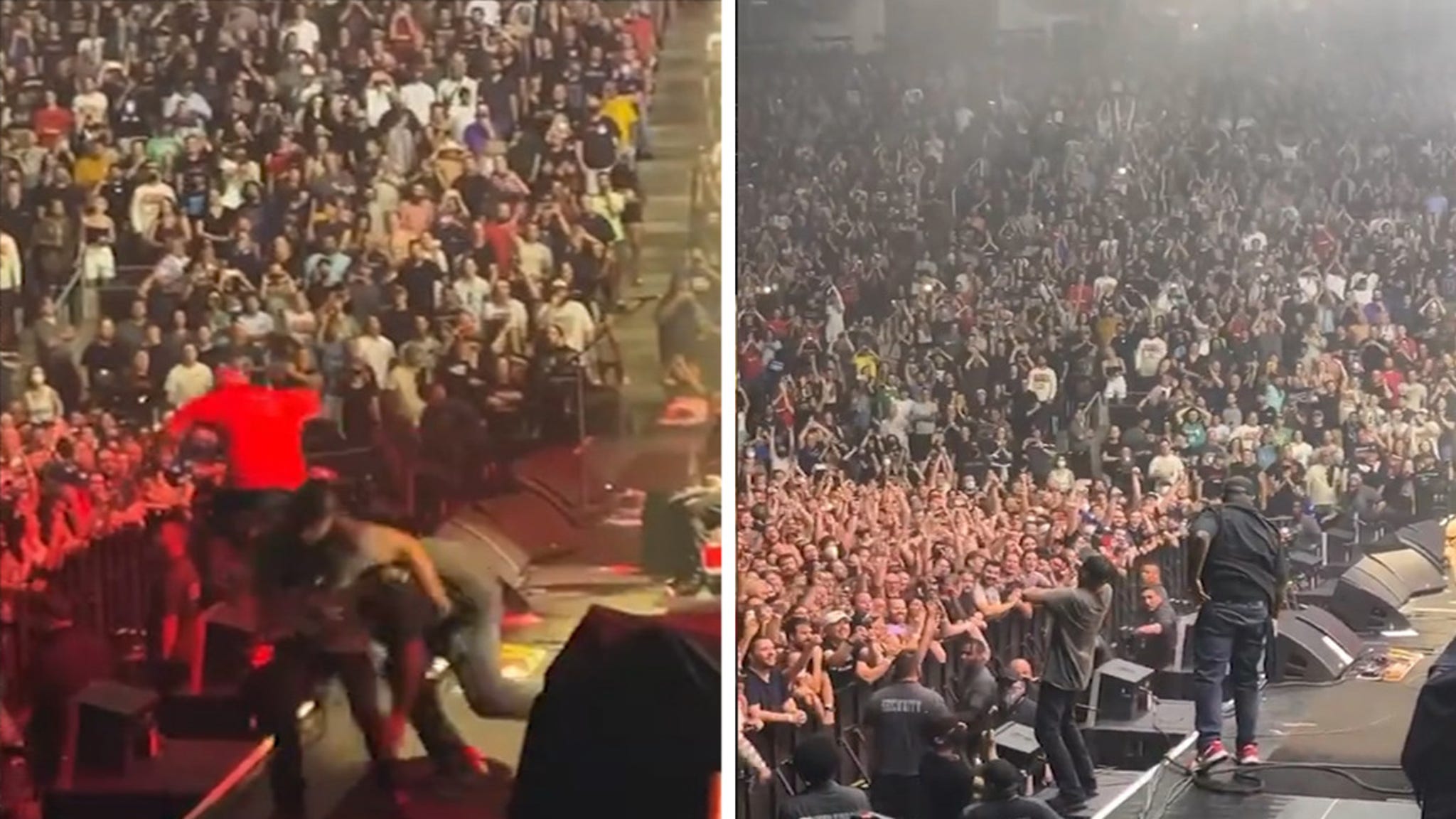 Tom Morello of Rage Against The Machine tackled during a concert in Toronto