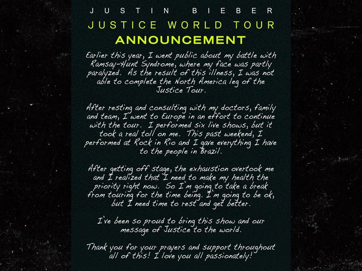 Suspends Justice World Tour for Physical, Mental Health