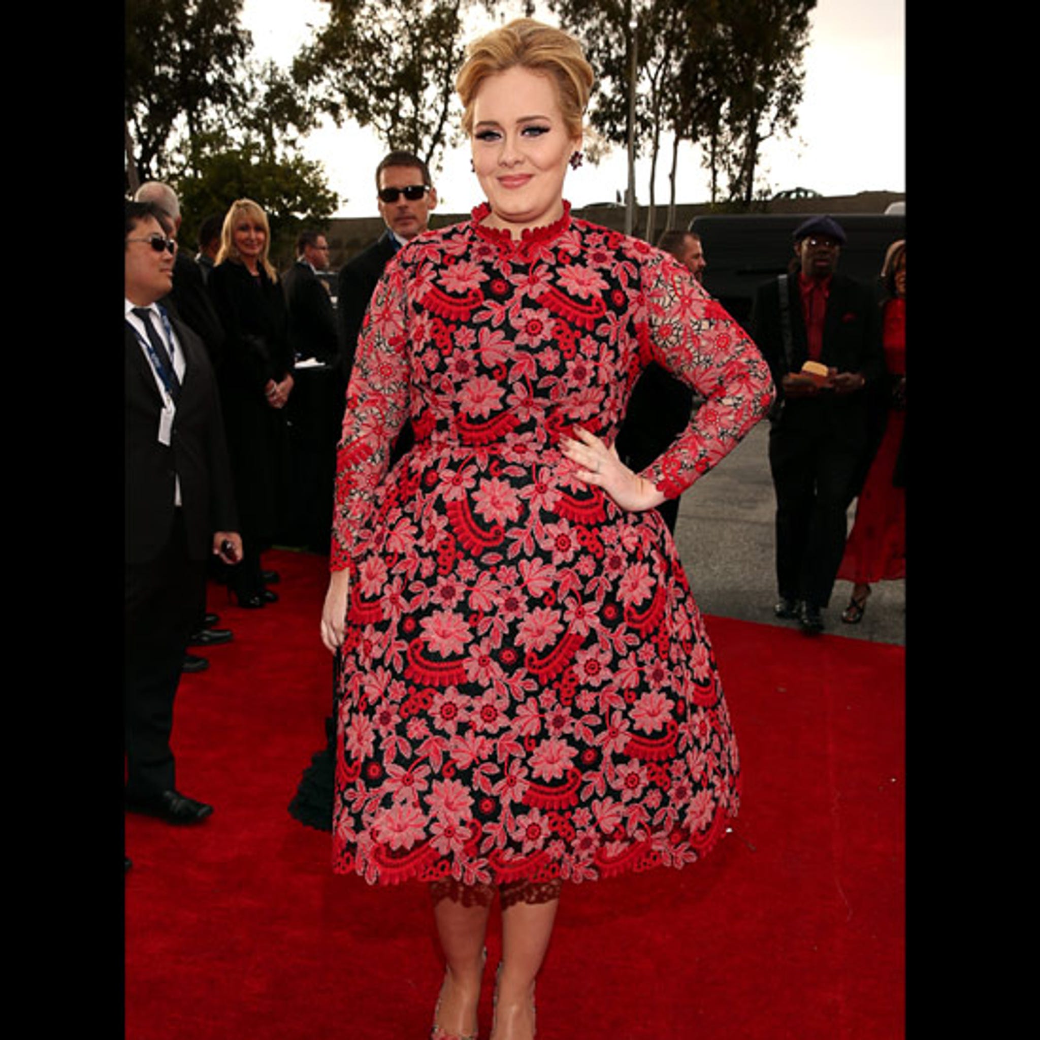 adele in red dress Adele Makes Stylish Return to the Grammys in Romantic Ruby Gown