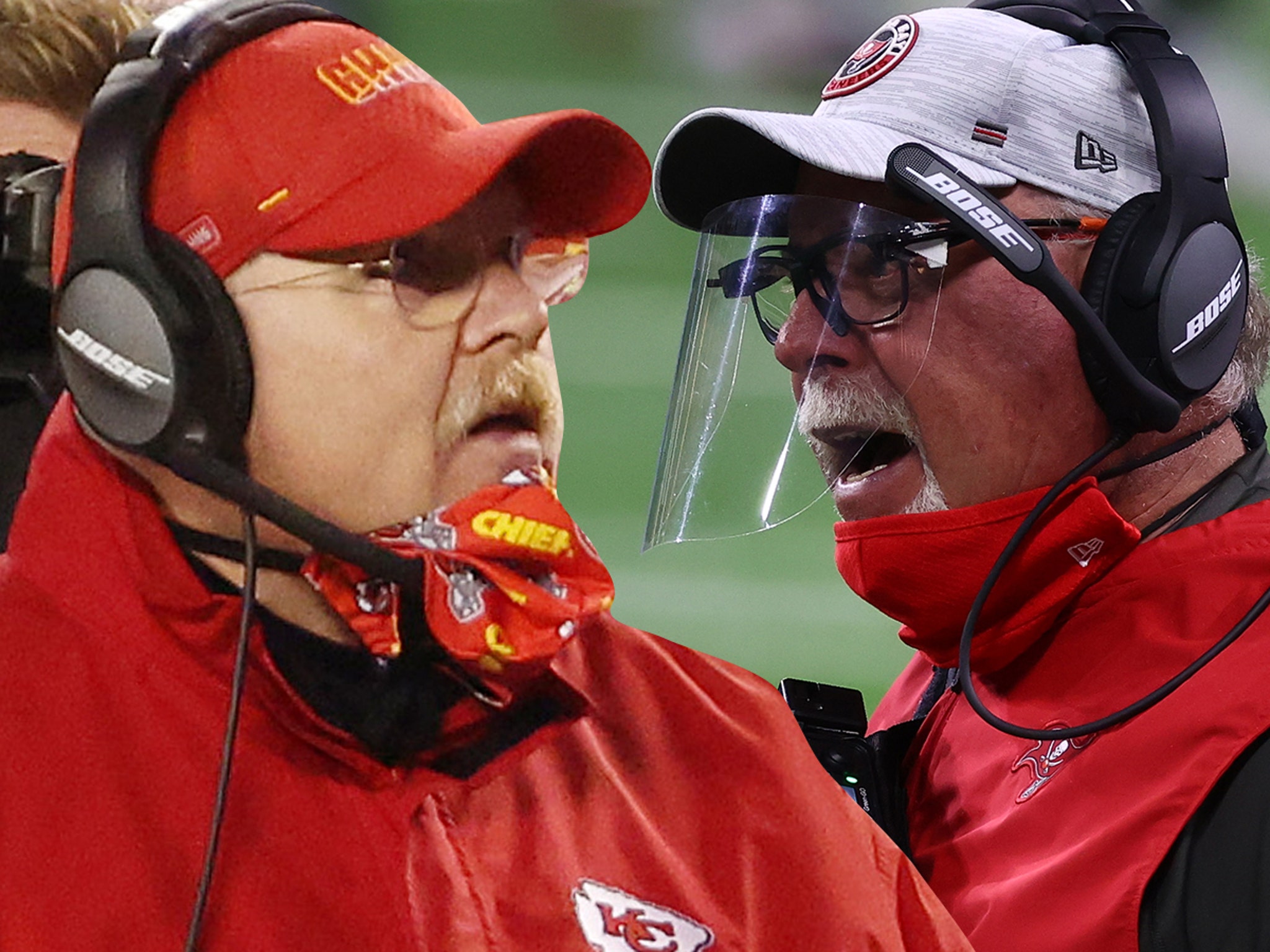 Bruce Arians looks like many things with face shield, headset and hat