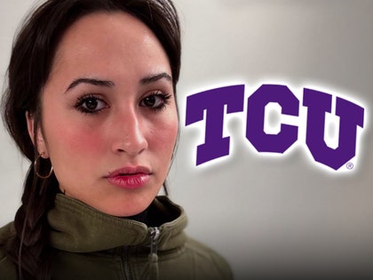 Chloe Cole is seen taking a selfie next to TCU's logo. She's wearing a green zip-up jacket.