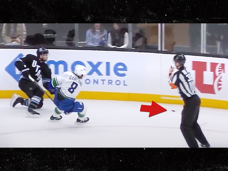 Justin Kea NHL Referee Takes Puck To The Balls During Canucks-Utah Game