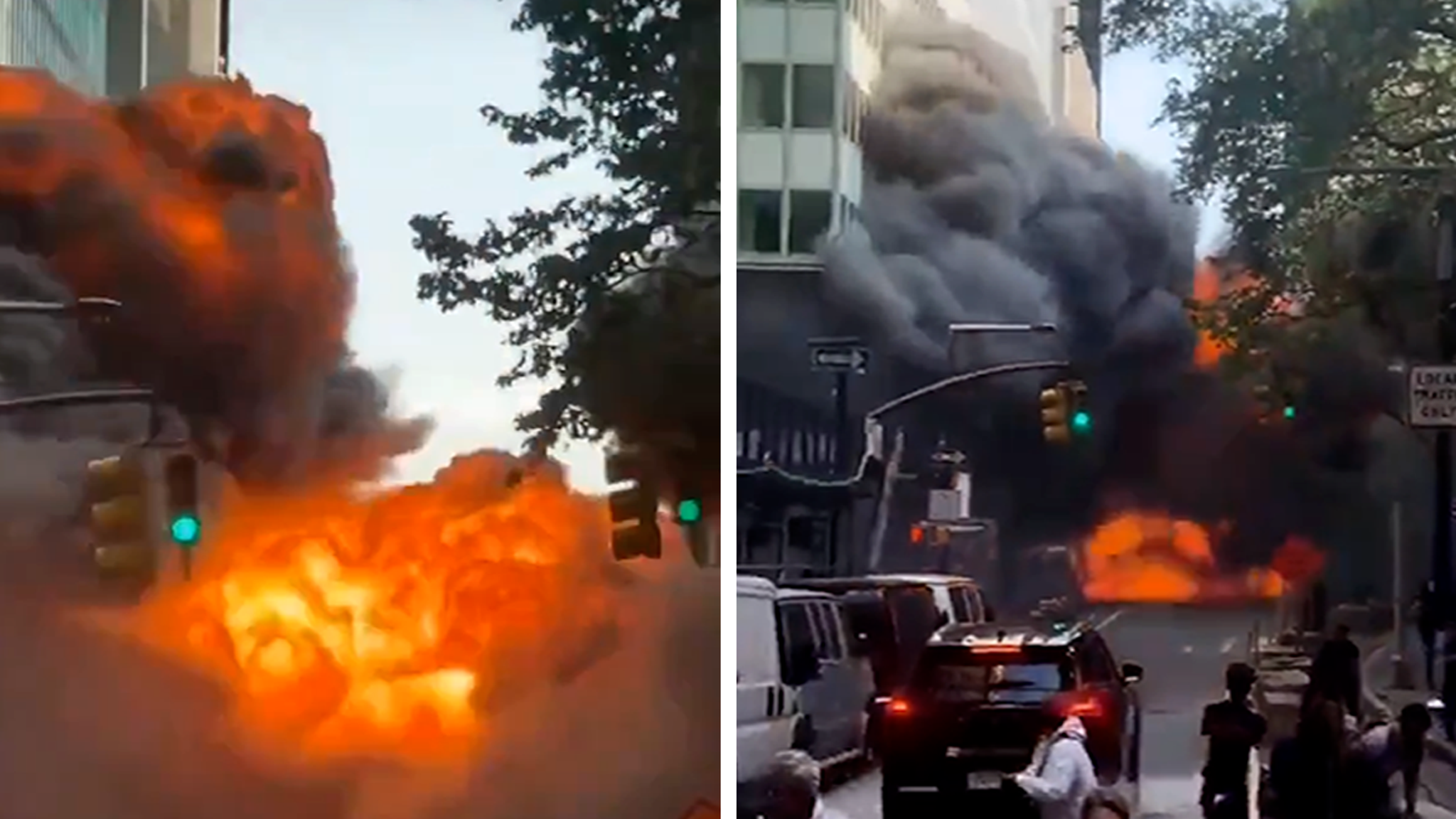Auto ontploft in Lower Manhattan, golvende rook vult de lucht, op video