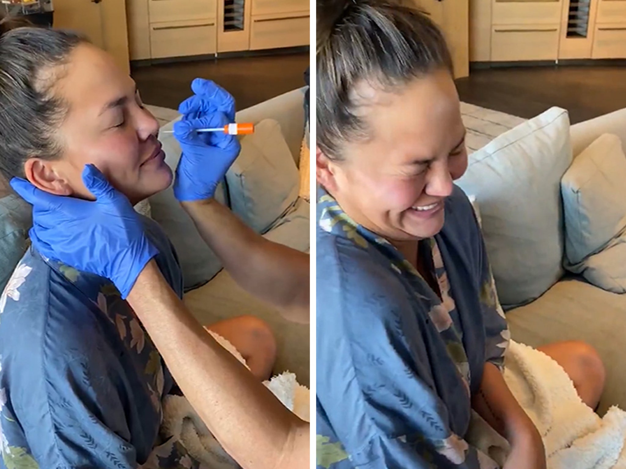 Chrissy Teigen Laughs While Getting Coronavirus Test