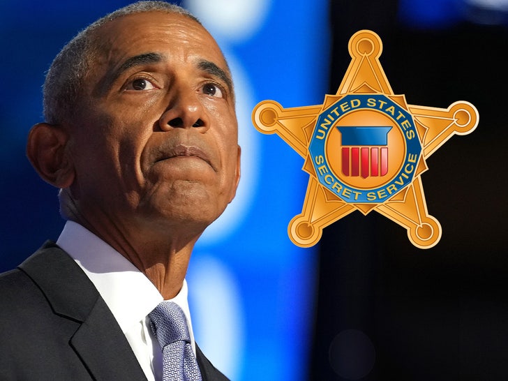 Barack Obama in a dark suit jacket, white shirt, and tie next to an image of a United States Secret Service badge.