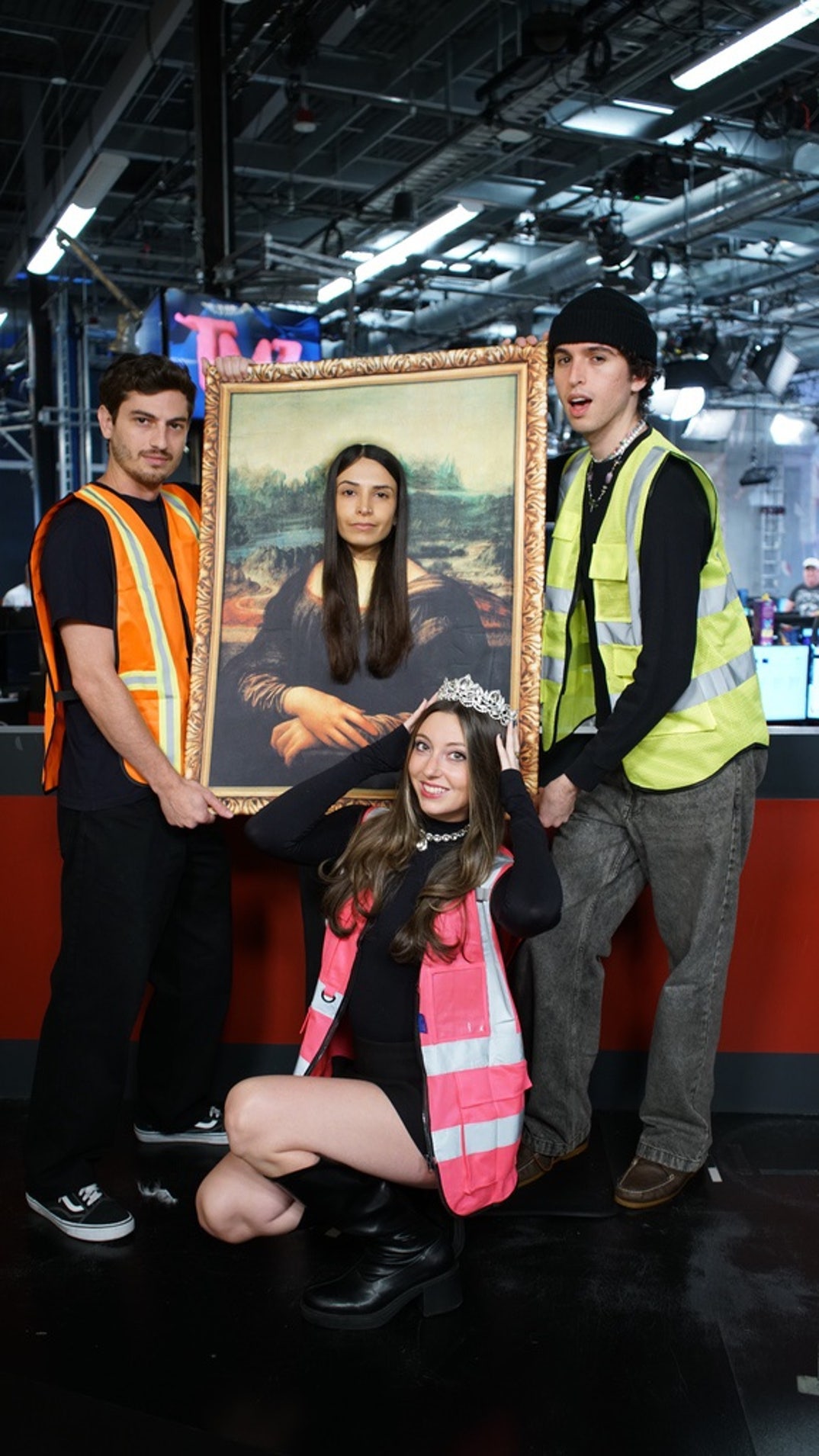 Cris, Aiden and Talia as the Louvre robbers and Neda as Mona Lisa