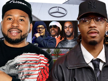 Akademiks laughing + Metro Boomin neutral + backdrop of Mercedes-Benz Stadium, with T.I., Young Dro, Roscoe Dash getty comp