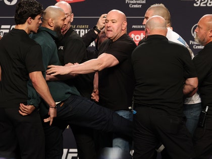 sub Khamzat Chimaev of Russia kicks Sean Strickland during a face off  getty