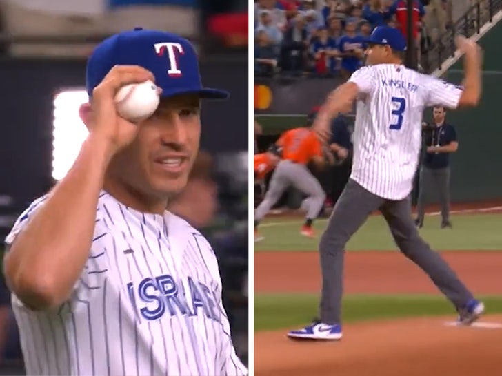 Texas Rangers legend Ian Kinsler wears Team Israel jersey during ceremonial  first pitch in ALCS