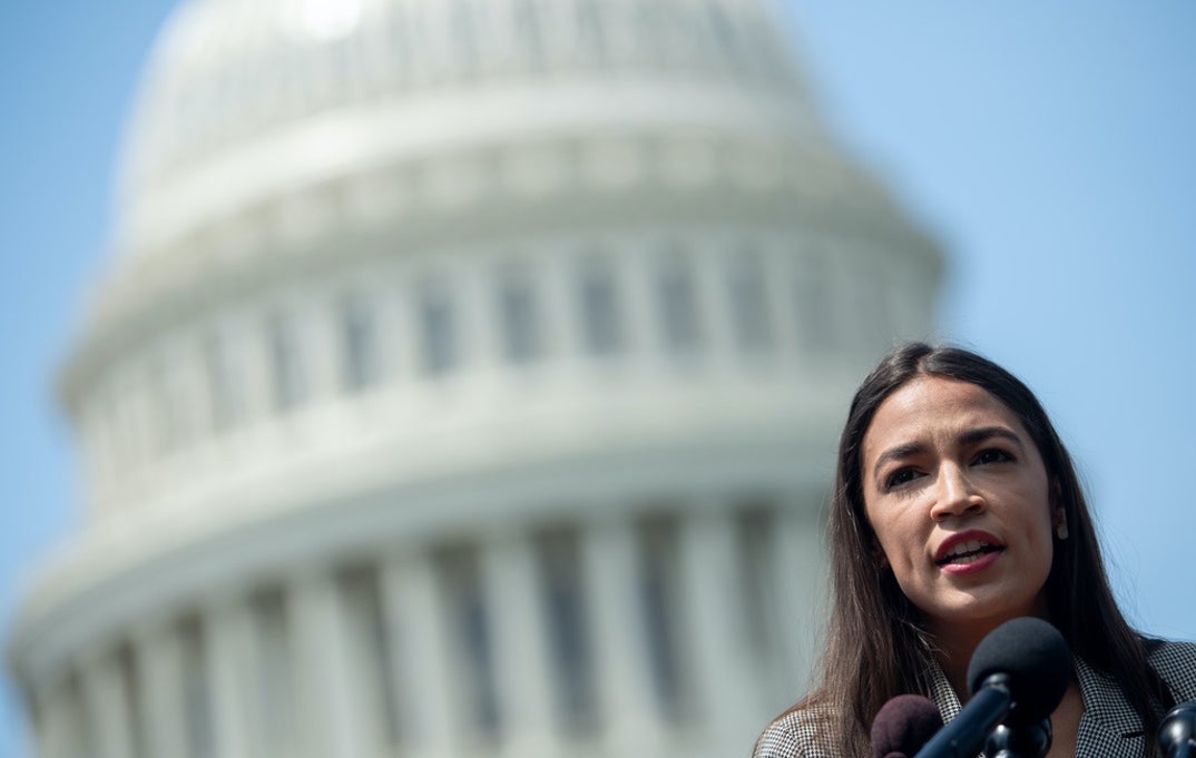US Representative Alexandria Ocasio-Cortez, Democrat of New York, speaks during a press conference to introduce college affordability legislation outside the US Capitol in Washington, DC.