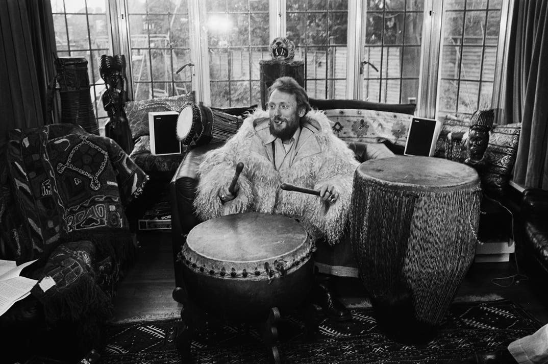 English drummer Ginger Baker, co-founder of the rock band Cream, in the UK, December 17th, 1974.