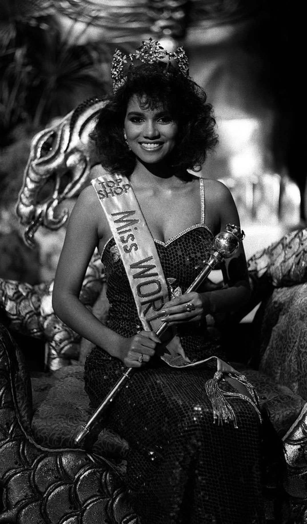 Miss USA, student Halle Berry, 20, crowned at the dress rehearsal of the Miss World Final which takes place at the Royal Albert Hall, London