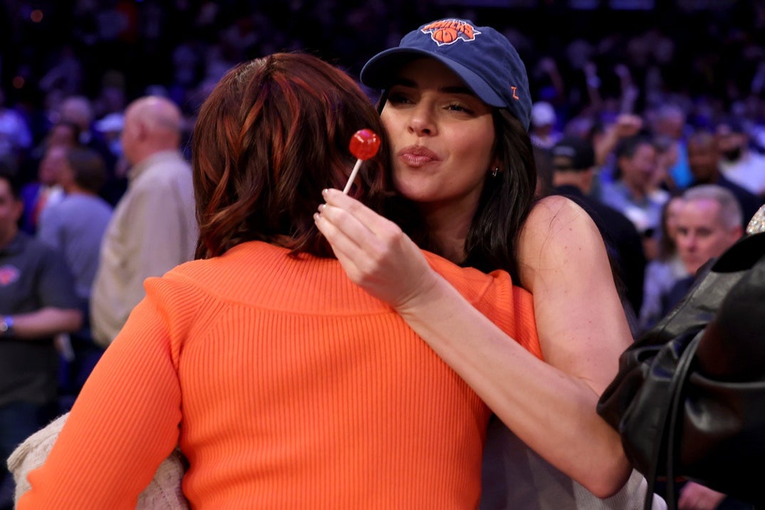 Kendall Jenner celebrates with a lolipop after the Knicks defeated Celtics at Madison Square Garden on May 12, 2025 in New York City