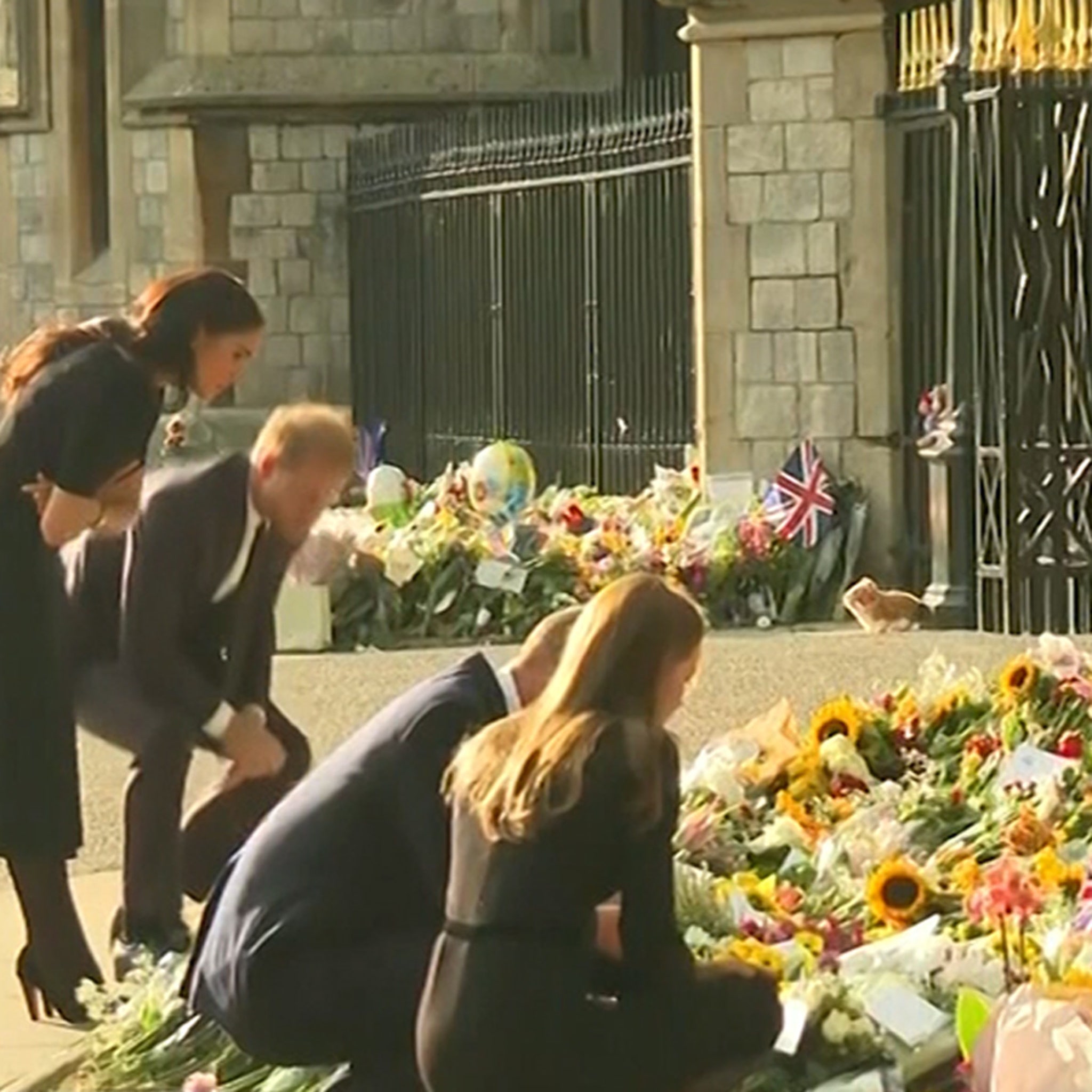 Harry & Meghan Join William & Kate to Observe Flowers for Queen at Windsor