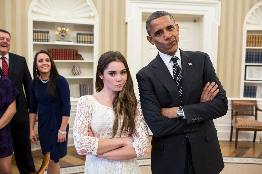In this handout image provided by The White House, U.S. President Barack Obama jokingly mimics U.S. Olympic gymnast McKayla Maroney's 