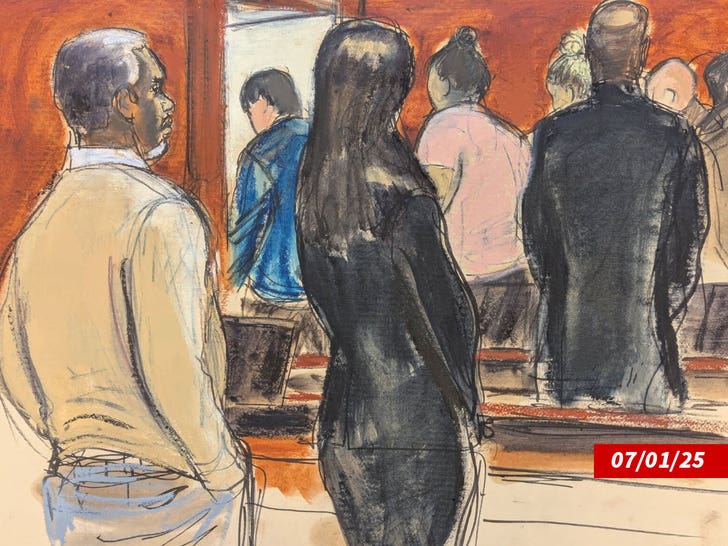 Diddy with attorneys court sketch Elizabeth Williams