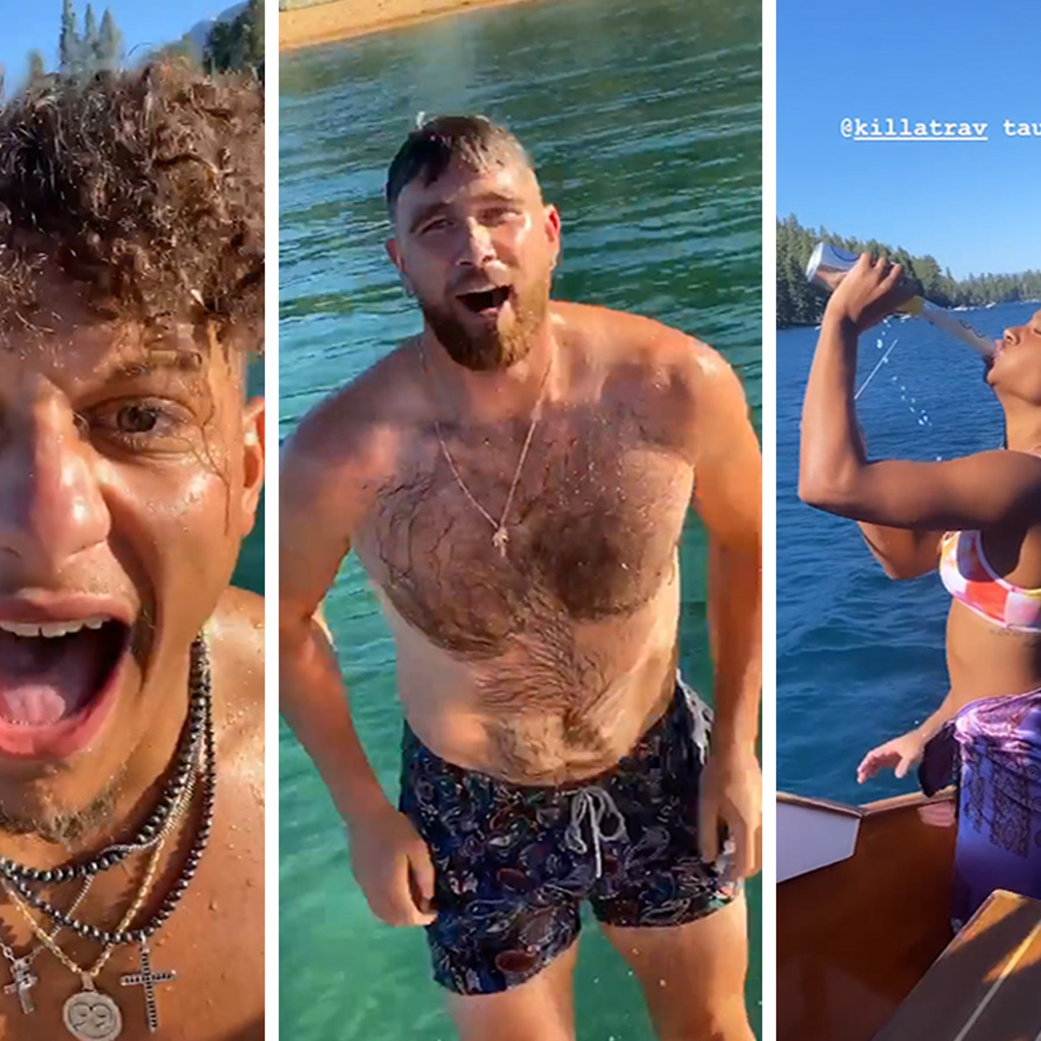 Patrick Mahomes & Travis Kelce Boat Party In Lake Tahoe, GFs Twerk & Chug  Beer!