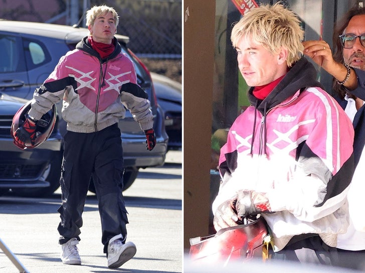 Barry Keoghan On The Set Of 'Crime 101' With Blonde Hair