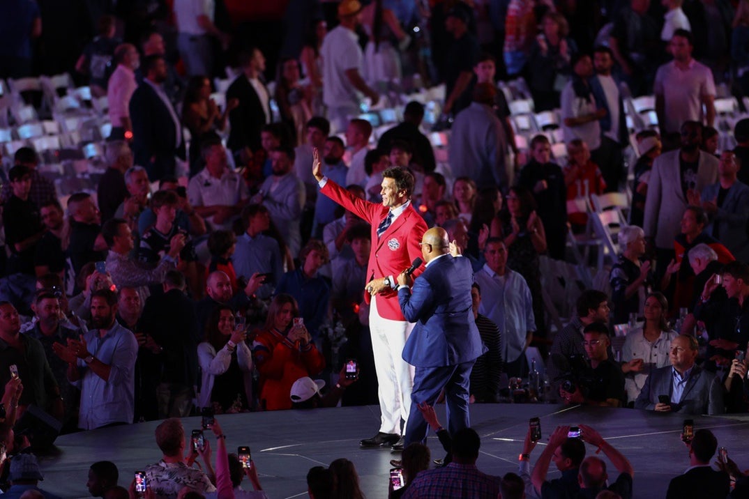 Tom Brady and Mike Tirico speak to fans