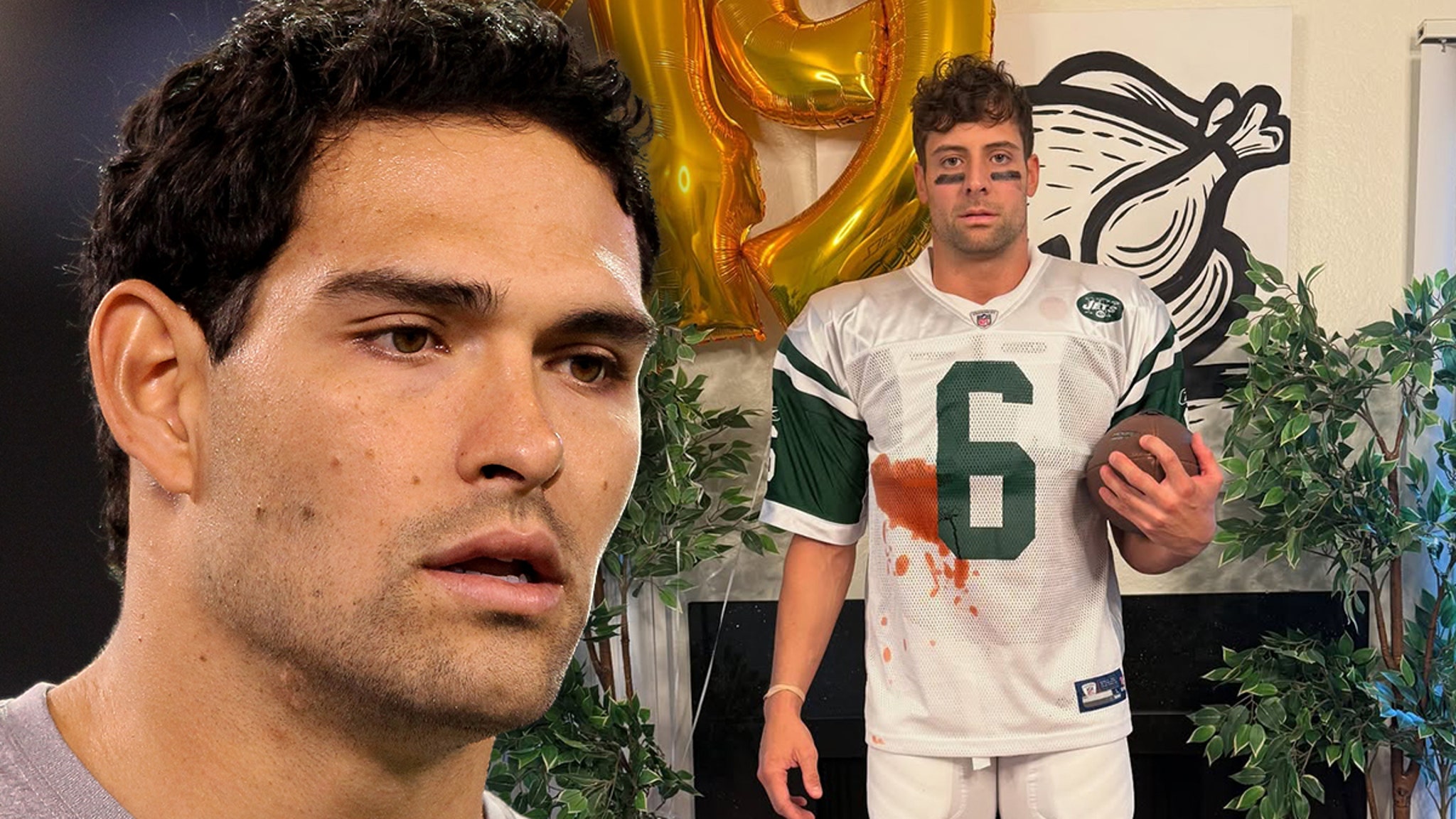 O comediante Benedict Polizzi zomba do esfaqueamento de Mark Sanchez com fantasia de Halloween O comediante Benedict Polizzi zomba do esfaqueamento de Mark Sanchez com fantasia de Halloween