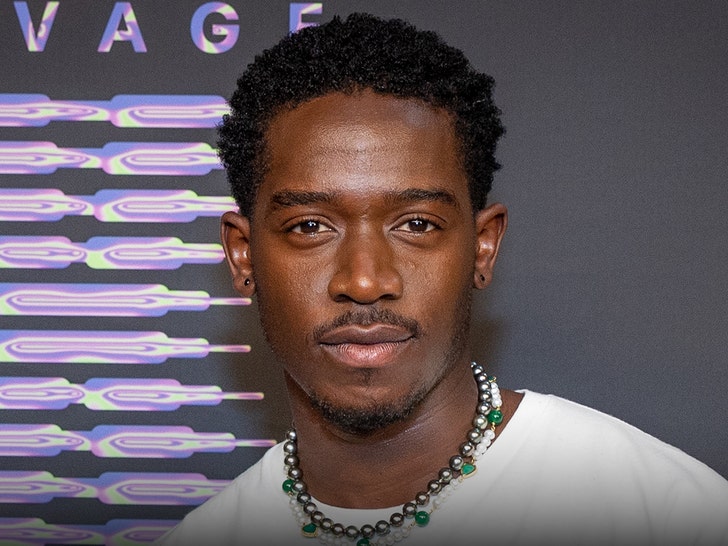 Damson Idris is seen at what appears to be a premiere event. He's wearing a white t-shirt and a pair of necklaces.