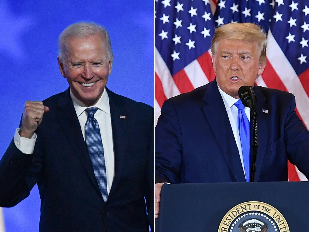 Democratic presidential nominee Joe Biden gestures after speaking during election night at the Chase Center in Wilmington, Delaware, and U.S. President Donald Trump speaks during election night in the East Room of the White House in Washington, D.C.