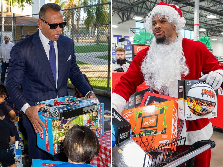 Alex Rodriguez And Micah Parsons Passing Out Toys To Kids