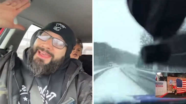 Apoiador de Trump cantando MAGA Tune bate carro enquanto acelera na neve