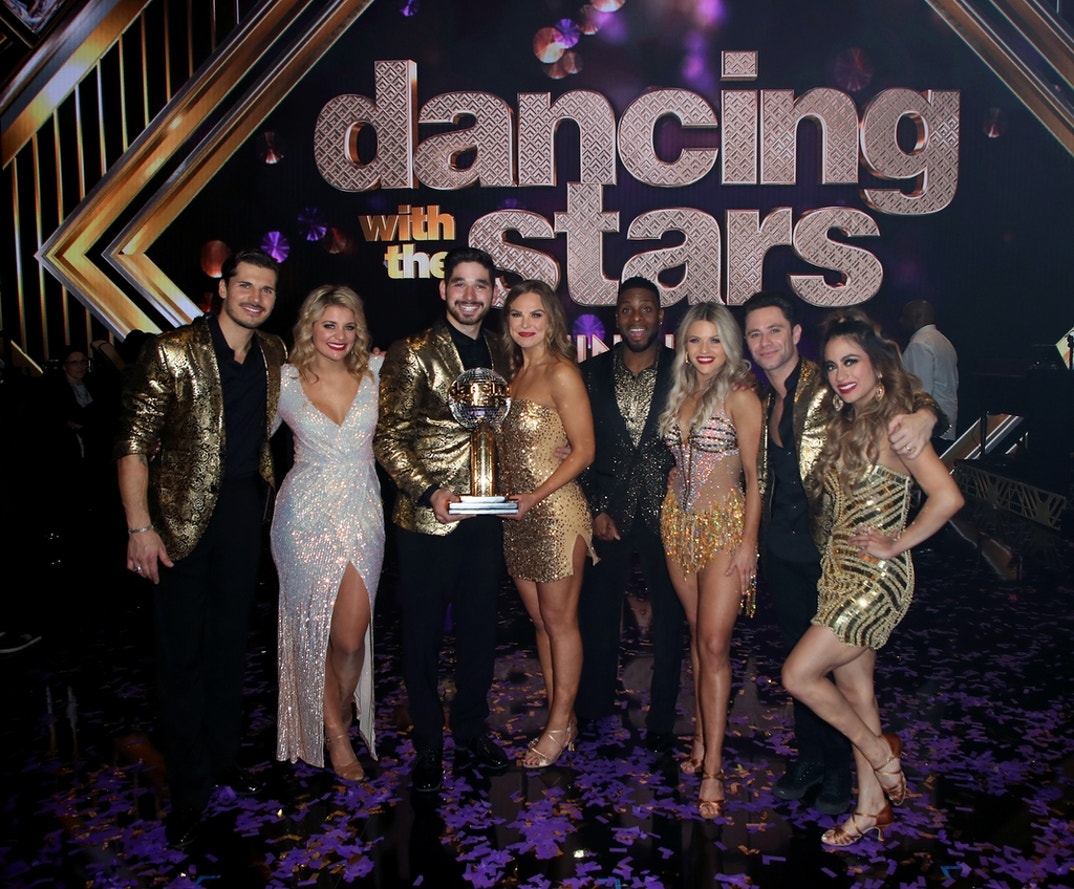 (L-R) Gleb Savchenko, Lauren Alaina, Alan Bersten, Hannah Brown, Kel Mitchell, Witney Carson, Sasha Farber and Ally Brooke pose at 