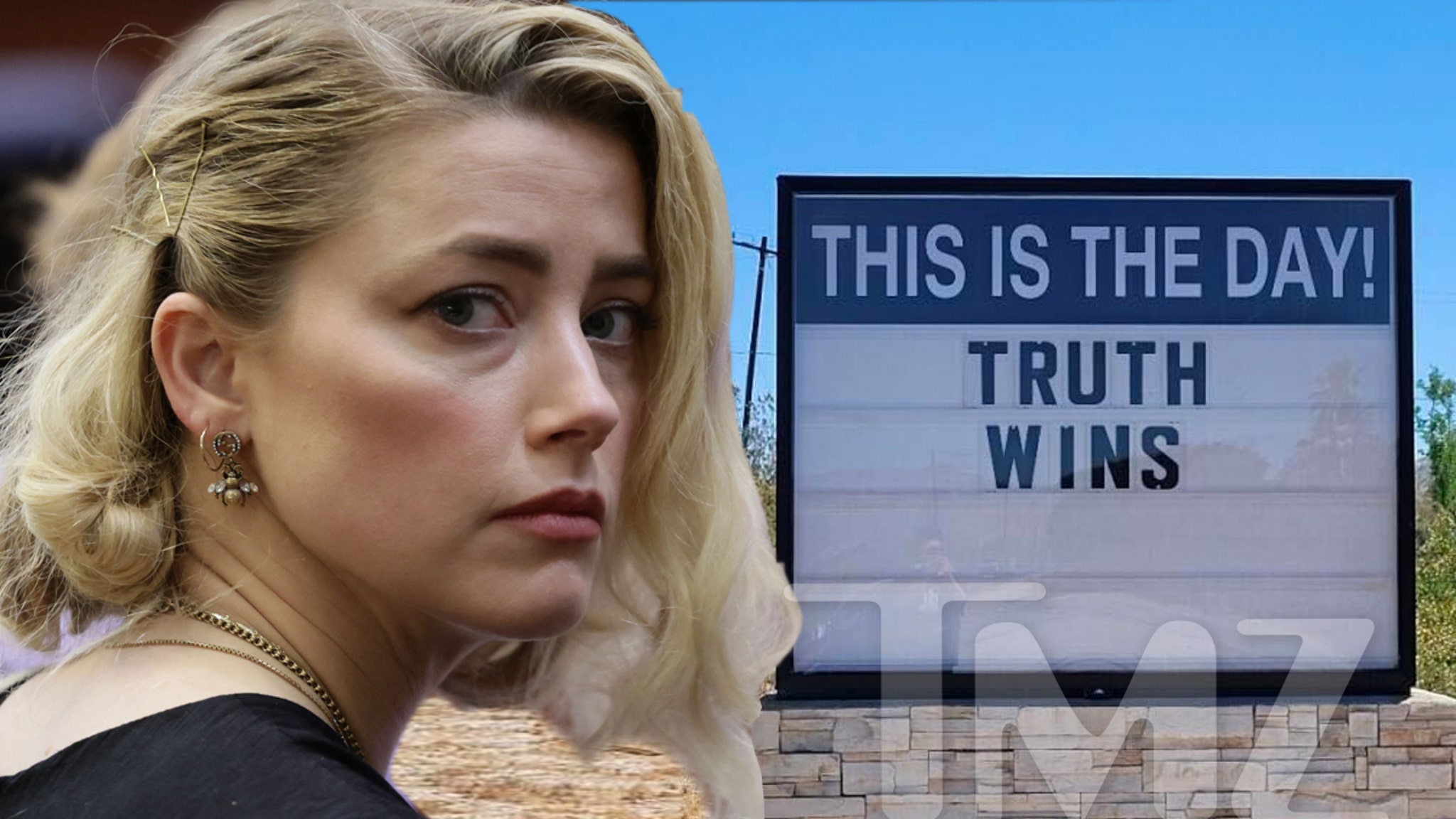 Amber Heard의 주요 마을로 가는 길에 있는 “Truth Wins” 표지판을 읽으십시오.