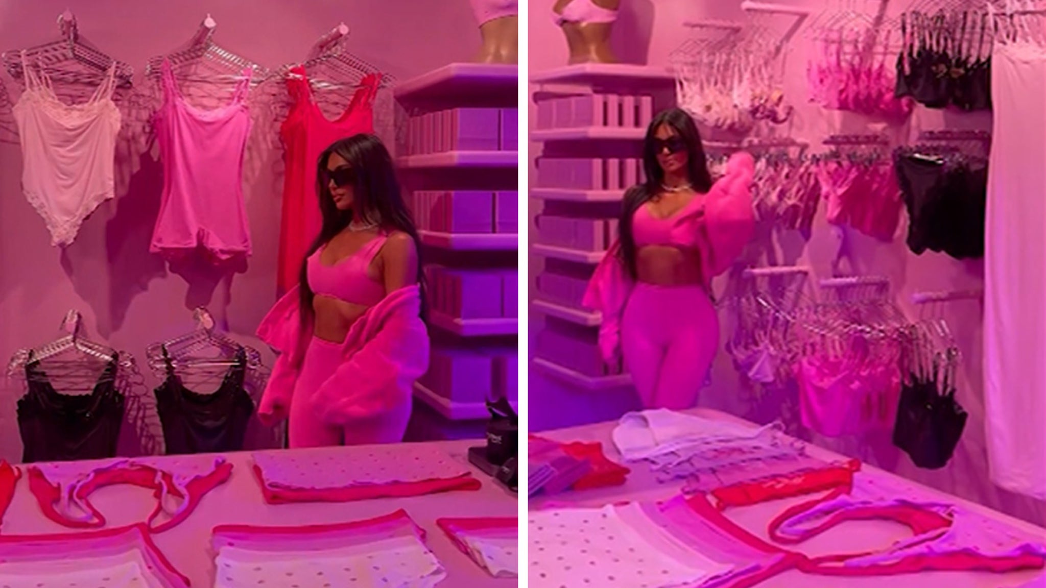 Kim Kardashian bares abs in Valentine's Day pink at Skims pop-up