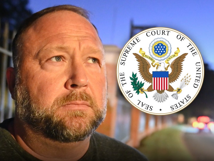 Alex Jones is seen looking upset next to the seal of the Supreme Court of the United States.