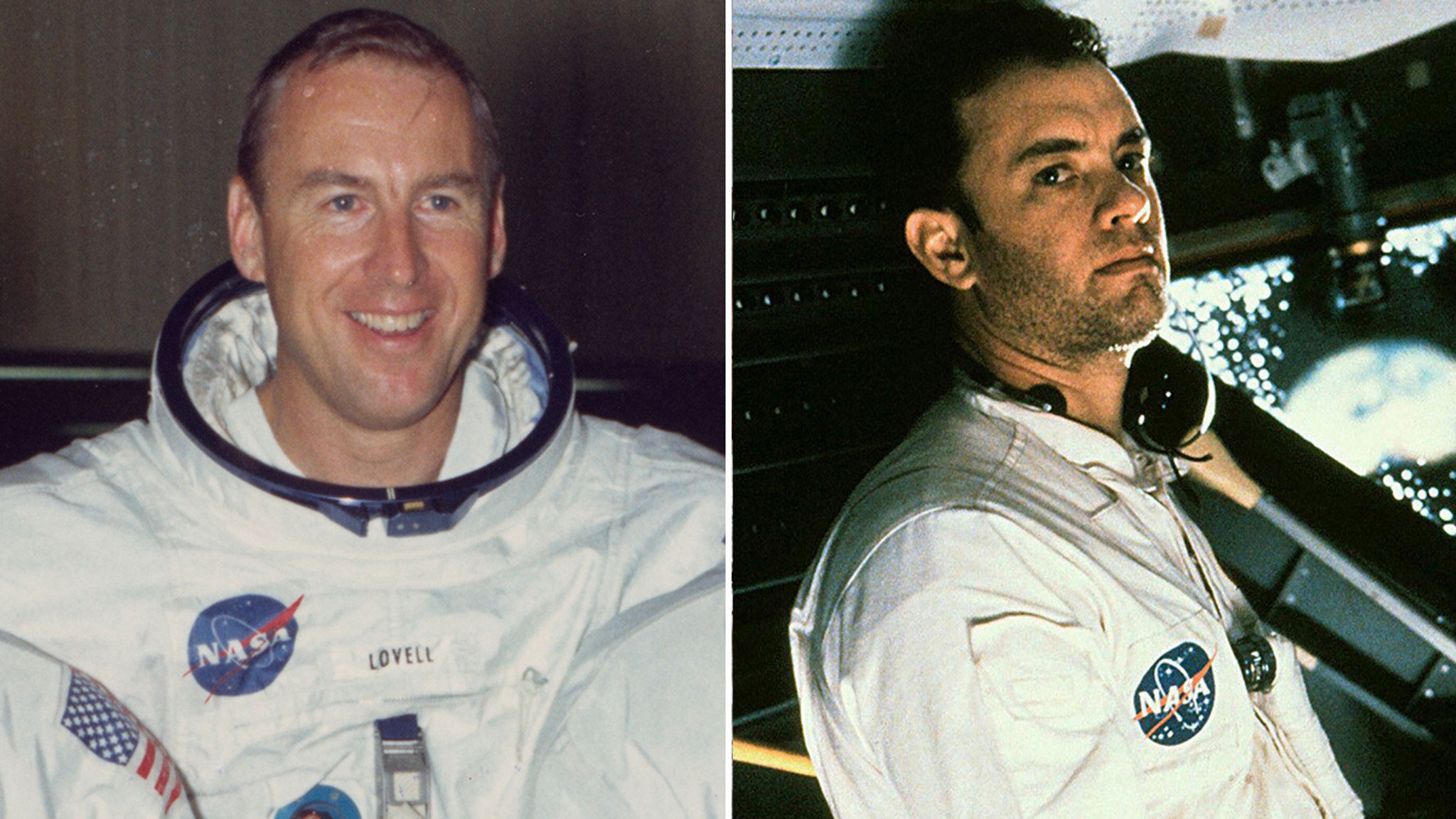 James Lovell in NASA astronaut suit and Tom Hanks as astronaut in spacecraft interior