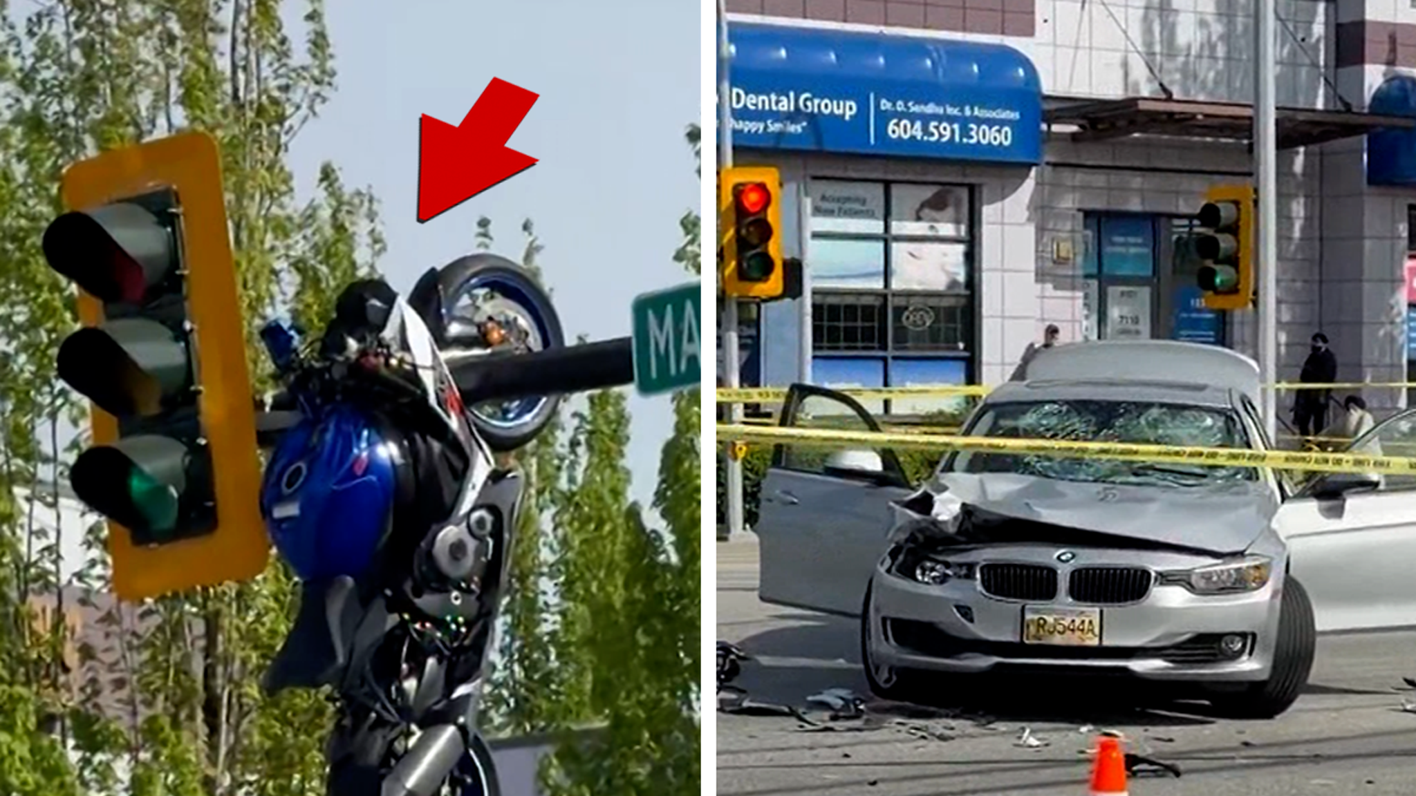 Motorcycle Hanging From Traffic Light After Canada Crash, See the Video!