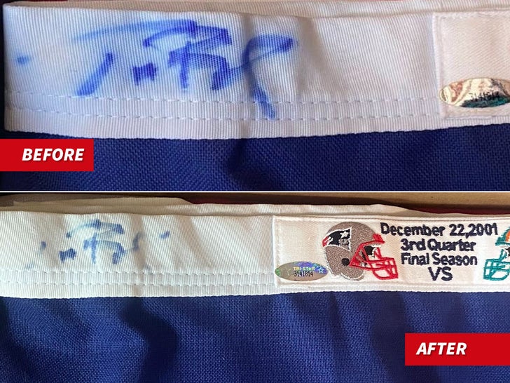 Tom Brady flag with another signature rubbed off, displayed on