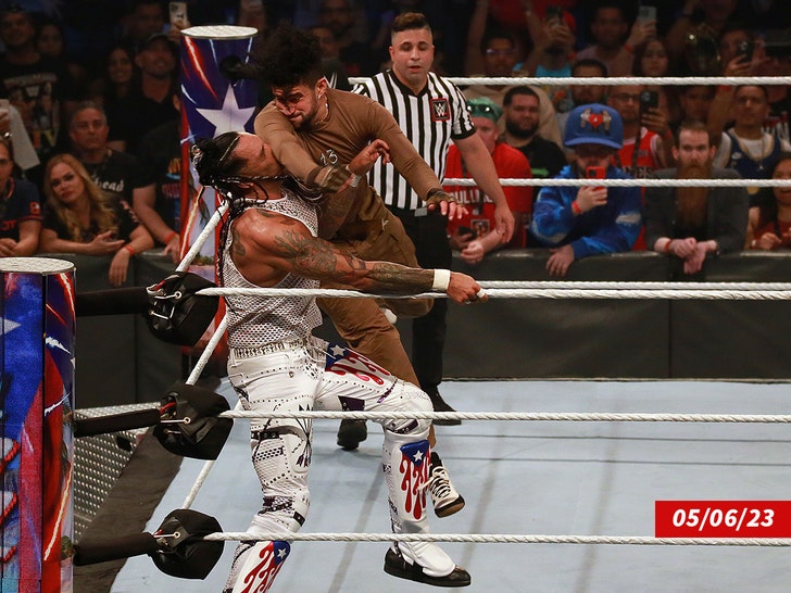 Bad Bunny and Damian Priest wrestle during the WWE Backlash getty