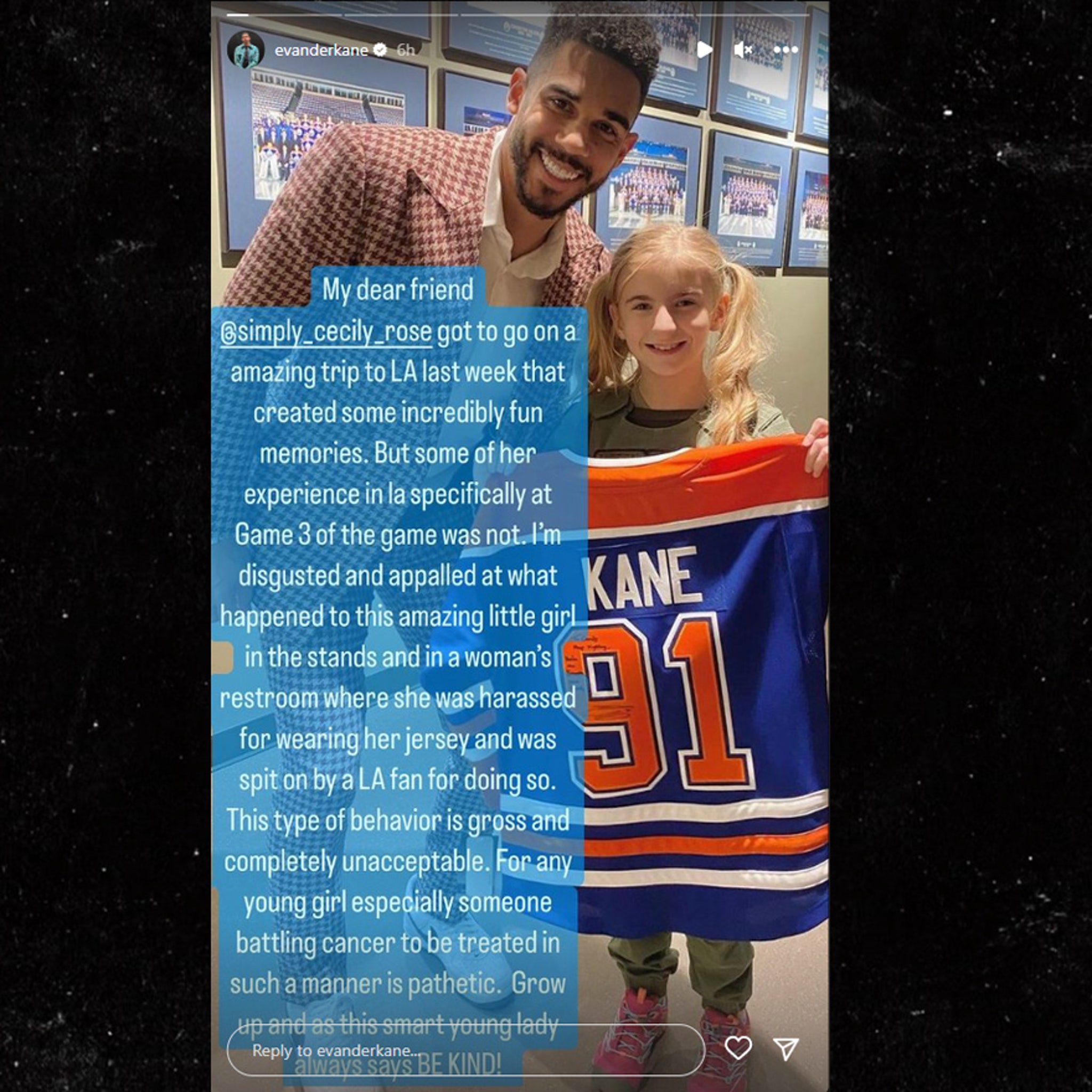 Evander Kane's Instagram Story regarding young Oilers fan's