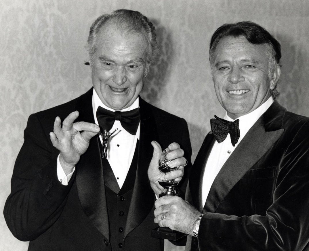 1978 -- Red Skelton and Richard Burton during the 35th Annual Golden Globe Awards. Burton presented Skelton with the Cecil B. deMille award.